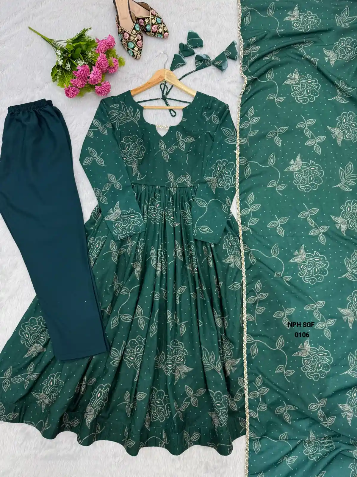 Women's Printed Maslin Gown Set with Pant & Dupatta